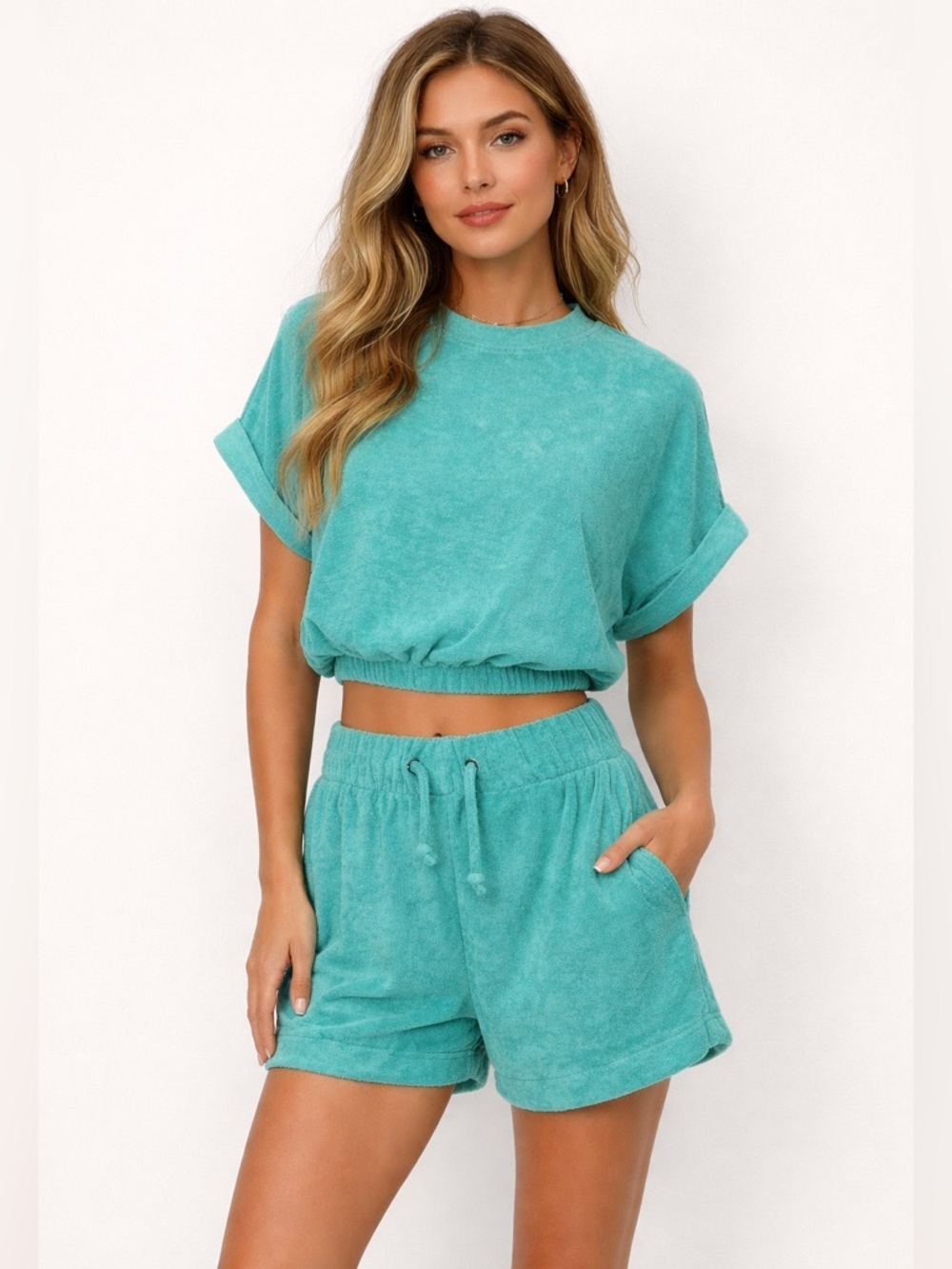 Elan Terry Cloth Matching Set Crop Top Shorts Teal Small Medium Beachy Resort
